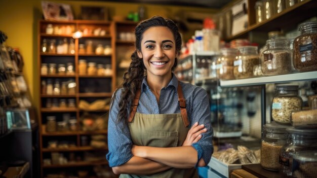 Happy woman working in a Neighborhood grocery store with a sincere smile