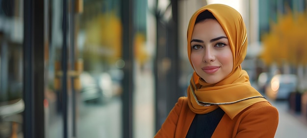 A happy woman in a yellow hijab standing in front of a building