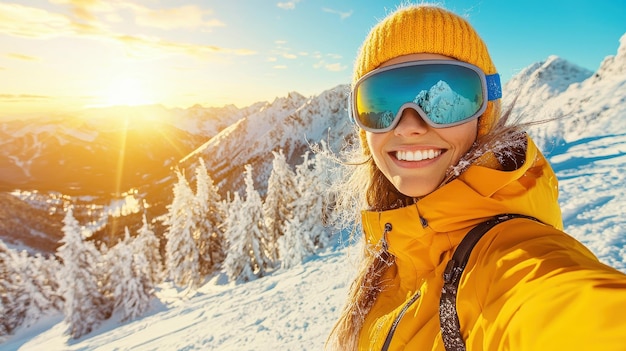 Photo happy woman in yellow ski jacket and goggles on snowy mountain peak at sunset