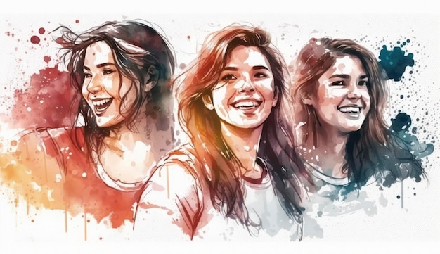 Happy women group for International Women's day banner watercolor style illustration by Generative Ai