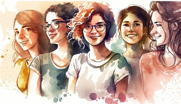 Happy women group for International Women's day banner watercolor style illustration by Generative Ai