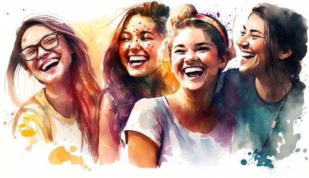 Happy women group for International Women's day banner watercolor style illustration by Generative Ai