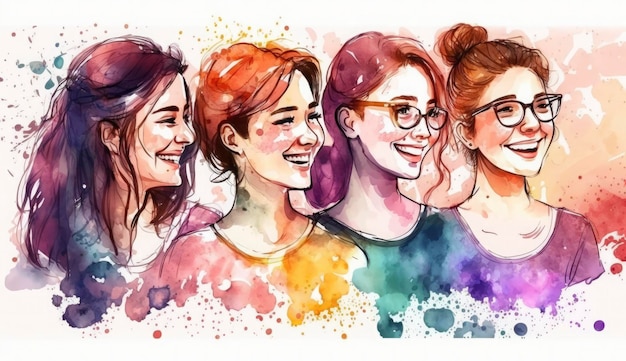 Happy women group for International Women's day banner watercolor style illustration by Generative Ai