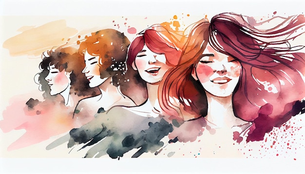 Happy women group for International Women's day watercolor style illustration Generative AI