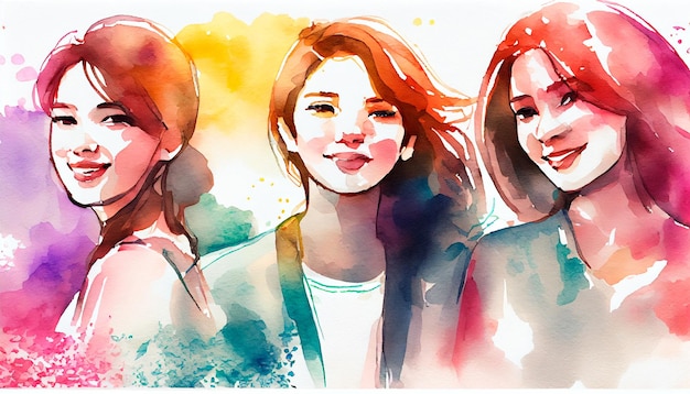 Happy women group for International Women's day watercolor style illustration Generative AI