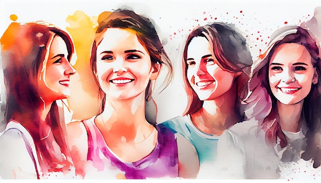 Happy women group for International Women's day watercolor style illustration Generative AI