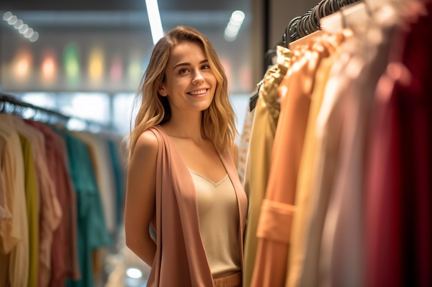 A happy women looking fashion and choosing them in a modern shopping store with Generative AI