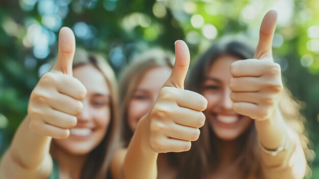 Photo happy women showing thumbs up outdoors focus of hands