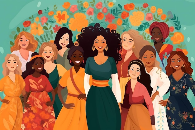 Happy womens day card with eight women of different ethnicities