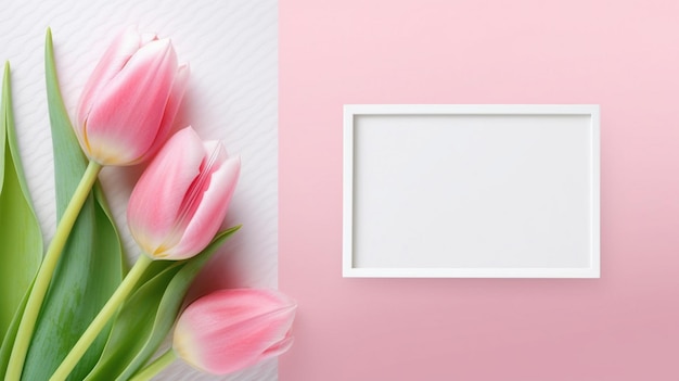 happy womens day concept pink tulip and white frame