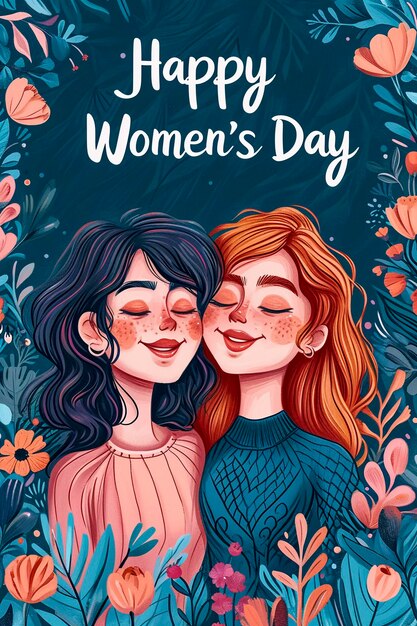 Photo happy womens day illustration postcard style generative ai