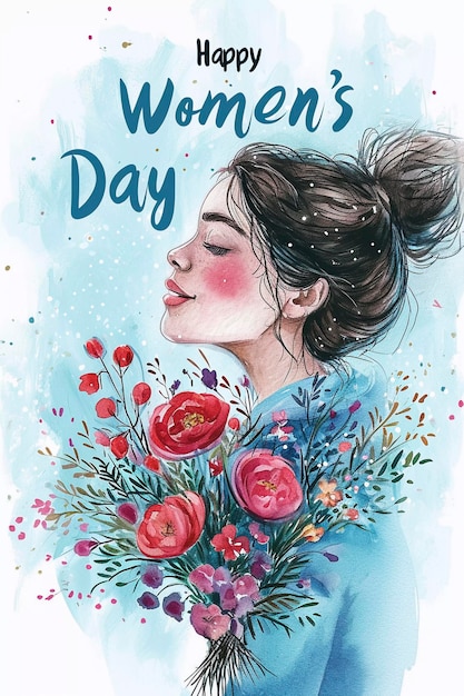 Photo happy womens day illustration postcard style generative ai