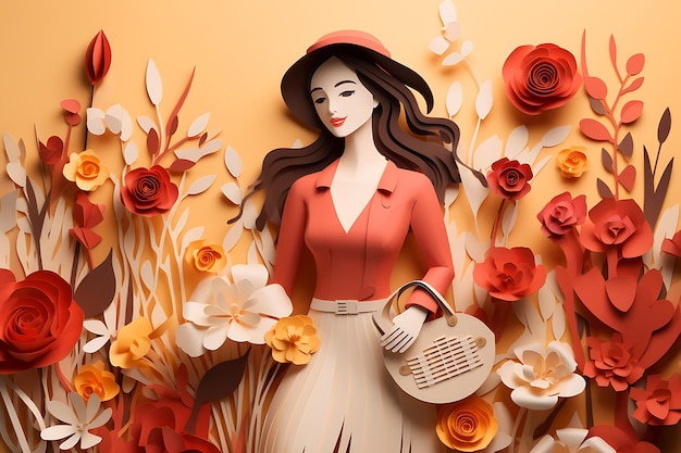 Happy womens day with girl and flowers greeting card