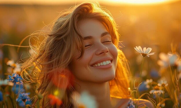 Photo happy wonder and joy people closeup of a womans joyful expression as she dances in a field of wildf