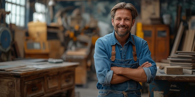 Photo happy woodworker in his wellequipped workshop