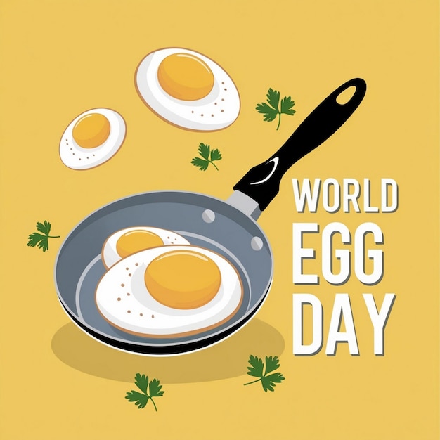 Photo happy world egg day concept with pan and egg