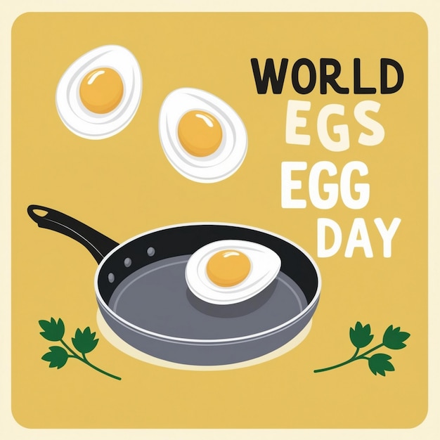 Photo happy world egg day concept with pan and egg