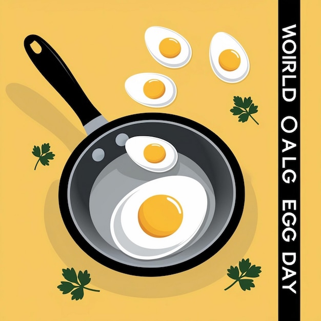 Photo happy world egg day concept with pan and egg