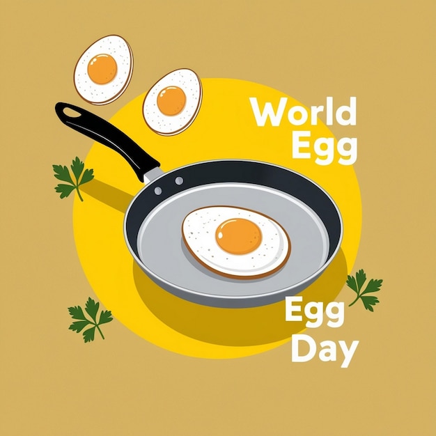 Photo happy world egg day concept with pan and egg