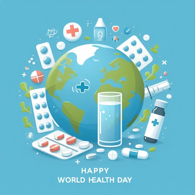 Happy World Health Day with medicine and glass of water backgroundnt