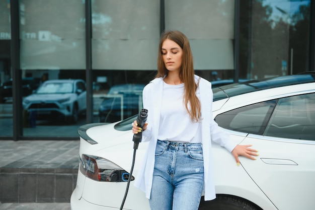 Happy young adult girl holding power cable supply in hand standing near electric car public charging station