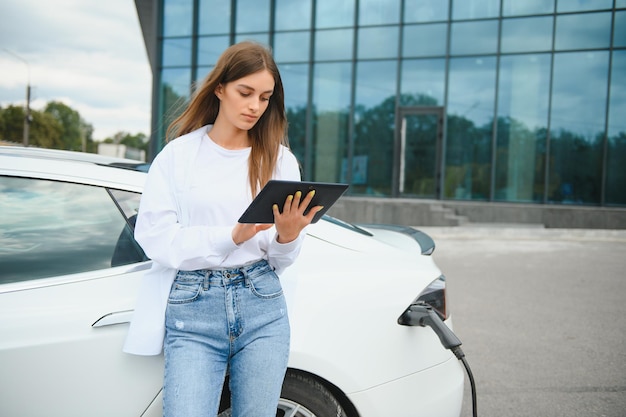 Happy young adult woman smiling wide looking away charging automobile battery from small public station standing near electric car