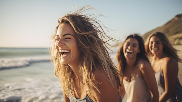 Happy young adult women friends having fun at the beach