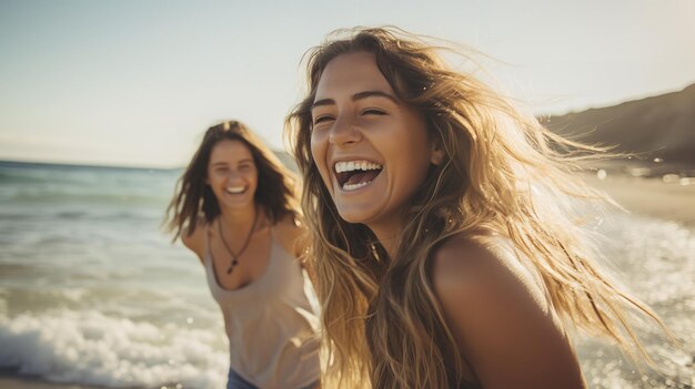 Happy young adult women friends having fun at the beach