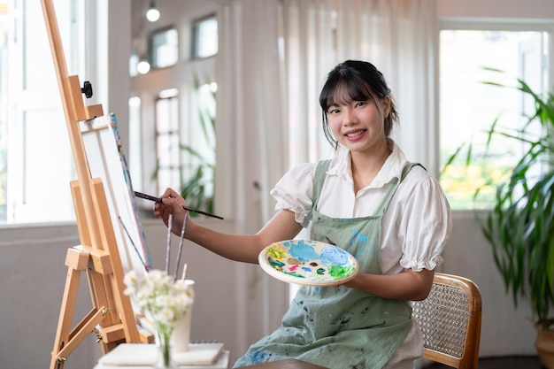 A happy young Asian female artist painting on a canvas with water colors in her home studio