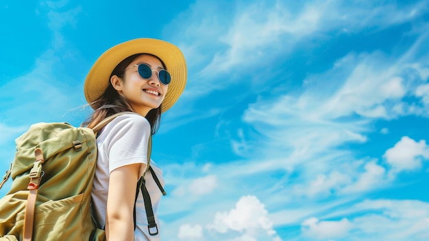 Happy young Asian tourist woman wearing beach hat sunglasses and backpacks going to travel