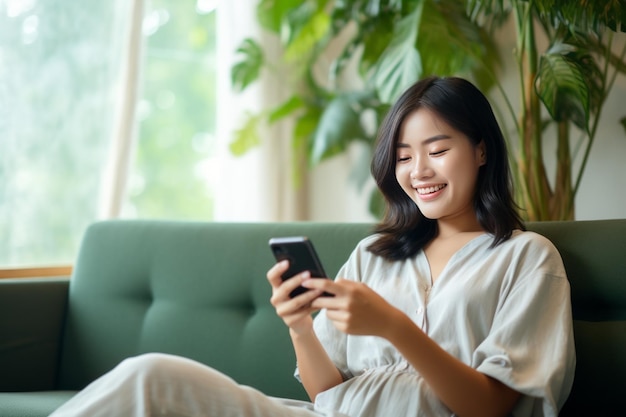 Happy young asian woman relax on comfortable couch at home texting messaging on smartphone smiling girl use cellphone chatting online message shopping online from home