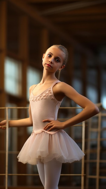 Photo a happy young ballerina in studio happy young ballerina exercising in the barre pretty ballet dancer