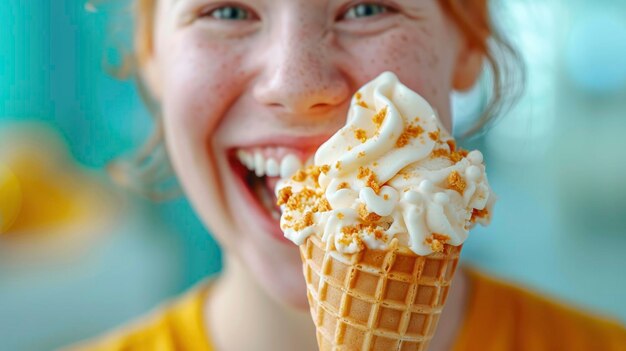 Photo happy young beautiful woman eating traditional thai ice cream at a street food market