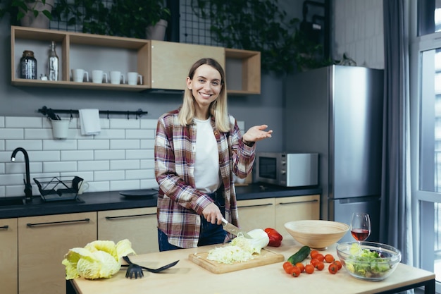 Happy young blonde woman preparing lunch chopping vegetables preparing for guests at home