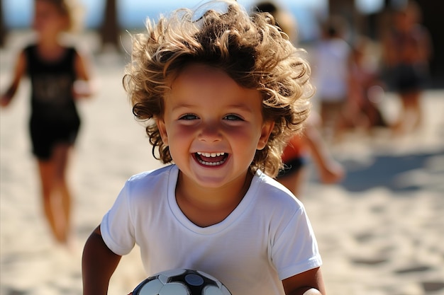 Happy young boy running with a soccer ball on the beach cheerful and active fun