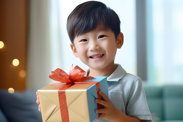 Happy young boy with a beautifully wrapped gift box ready for a special occasion Generative AI