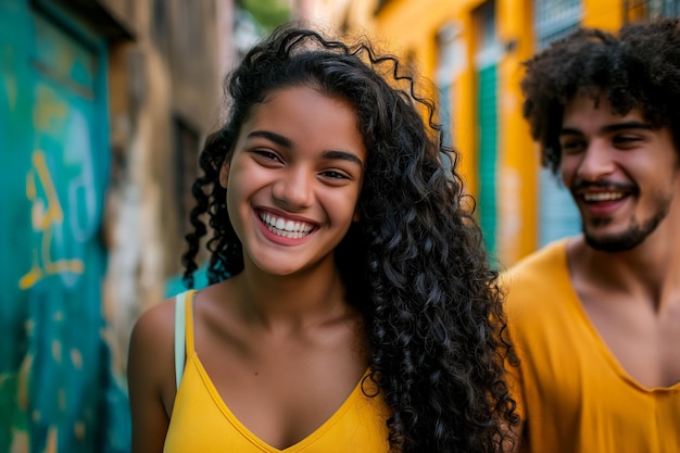 Photo happy young brazilian couple wearing yellow clothes walking smiling through the city generative ai