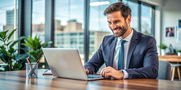 happy young businessman and executive manager looking at his laptop participating in an online web