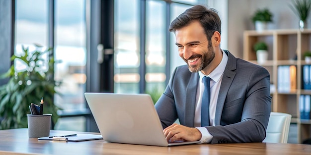 happy young businessman and executive manager looking at his laptop participating in an online web