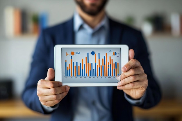 Photo happy young businessman holding a tablet with grap