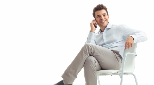 happy young businessman talking on cell phone while sitting on chair isolated on a white background