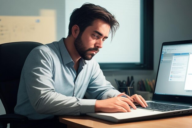 Happy young businessman using laptop at his office desk