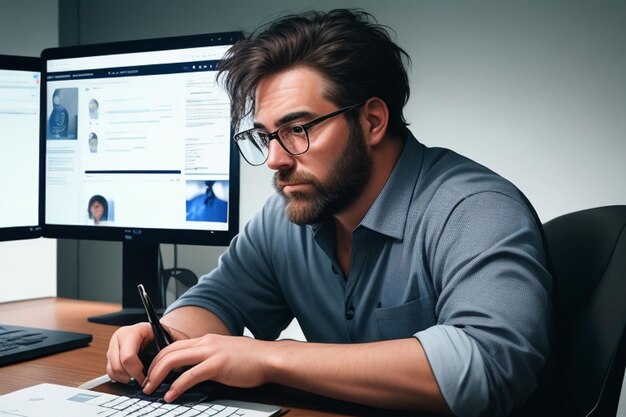 Happy young businessman using laptop at his office desk