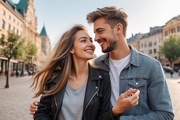 Photo happy young caucasian couple having fun on outdoor date in city