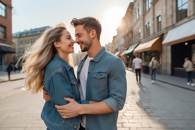 Photo happy young caucasian couple having fun on outdoor date in city