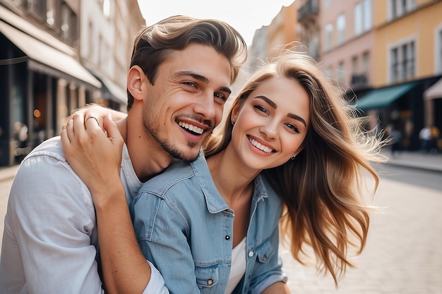 Photo happy young caucasian couple having fun on outdoor date in city