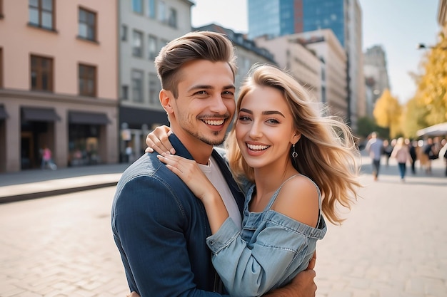 Happy Young Caucasian Couple Having Fun on Outdoor Date in City