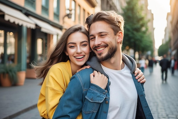 Photo happy young caucasian couple having fun on outdoor date in city