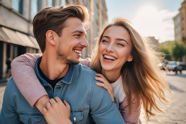 Happy Young Caucasian Couple Having Fun on Outdoor Date in City