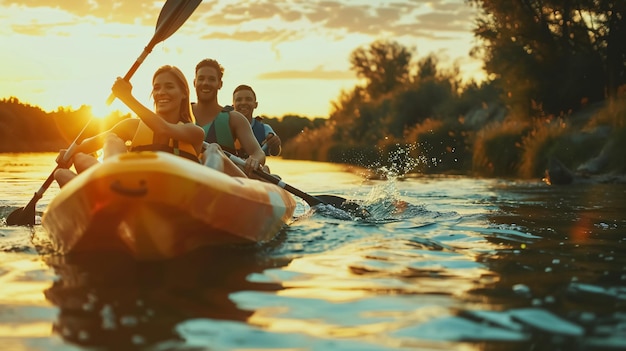 Happy young Caucasian group of friends kayaking on a river with a sunset in the background